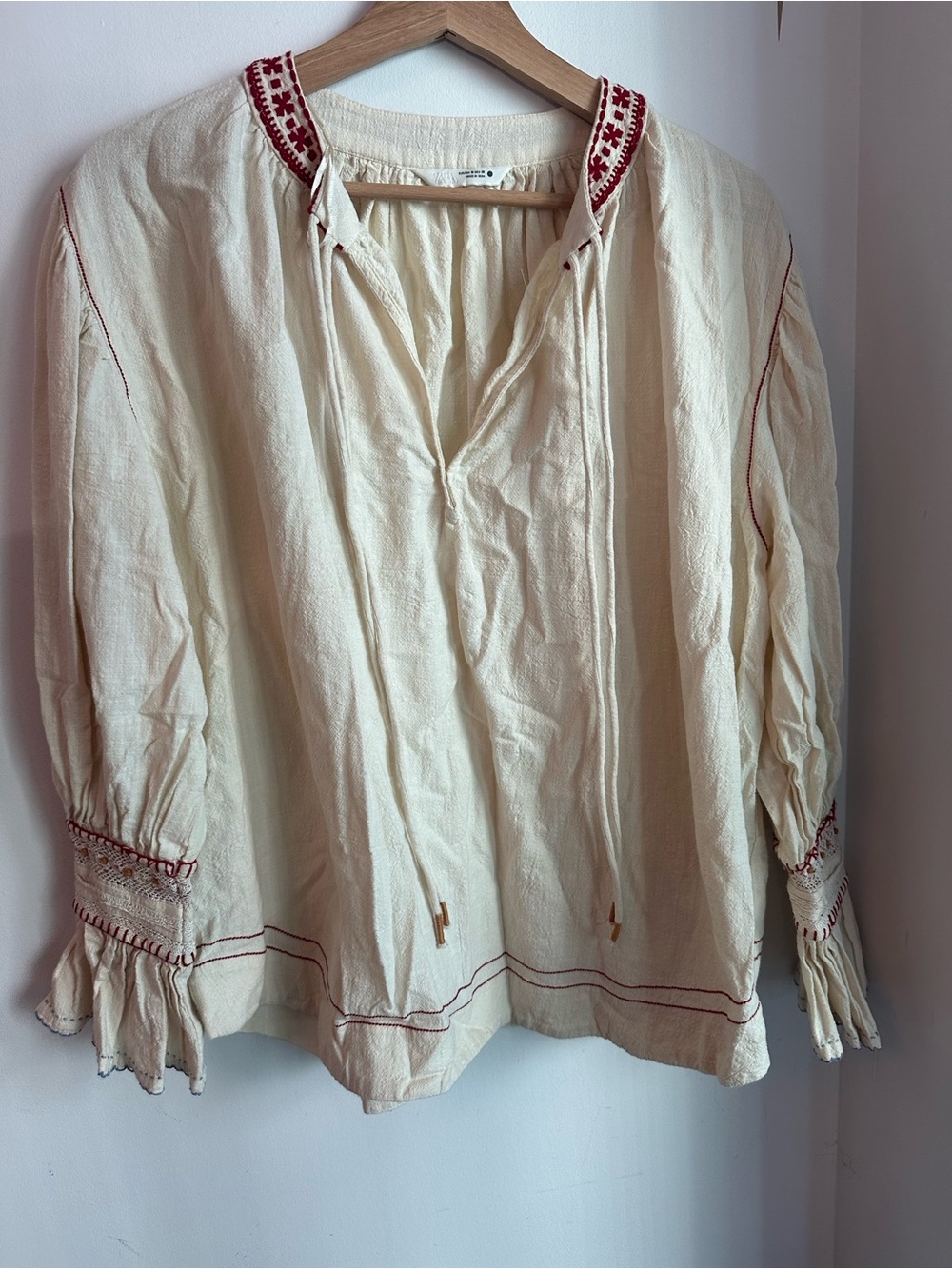 Zara Cream Peasant Blouse with Red Embroidery